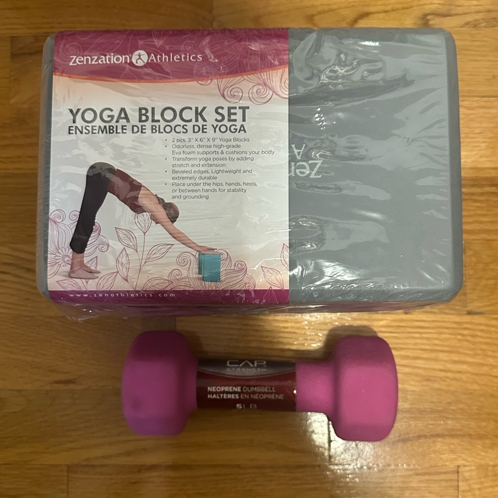 Zenzation Athletics Yoga Block Set and Pink 5lb Dumbbell